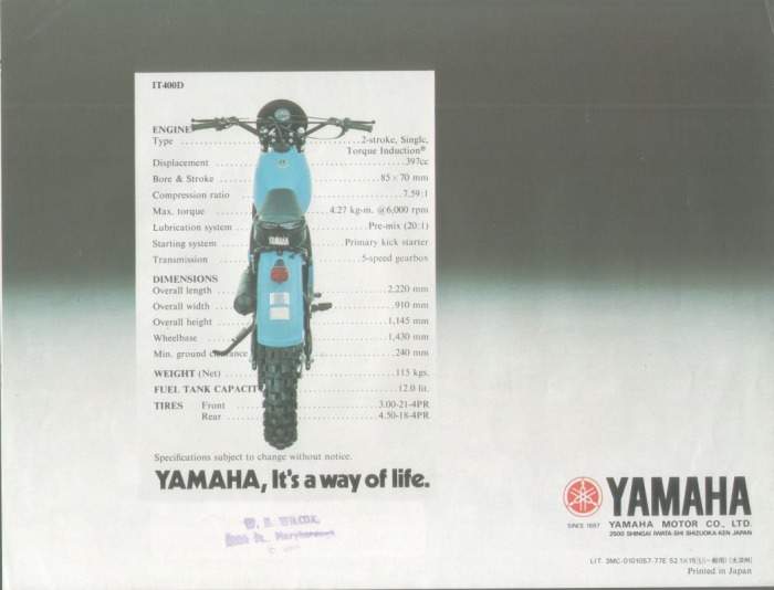 Yamaha IT 400 For Sale Specifications, Price and Images